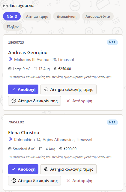 Marketplace inbox σε κινητό: τρία νέα αιτήματα στη Λεμεσό με μέγεθος, ημερομηνία και τιμή προσυμπληρωμένα, το καθένα με κουμπιά Αποδοχή, αλλαγή τιμής, διευκρίνιση και απόρριψη