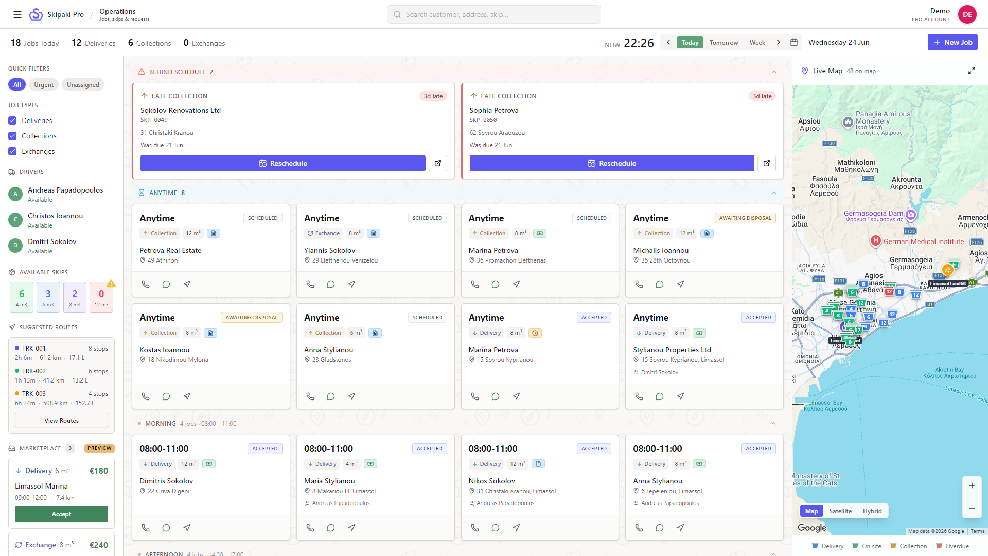 Skipaki Pro dashboard with today's jobs, container availability and a planning map of the Limassol service area