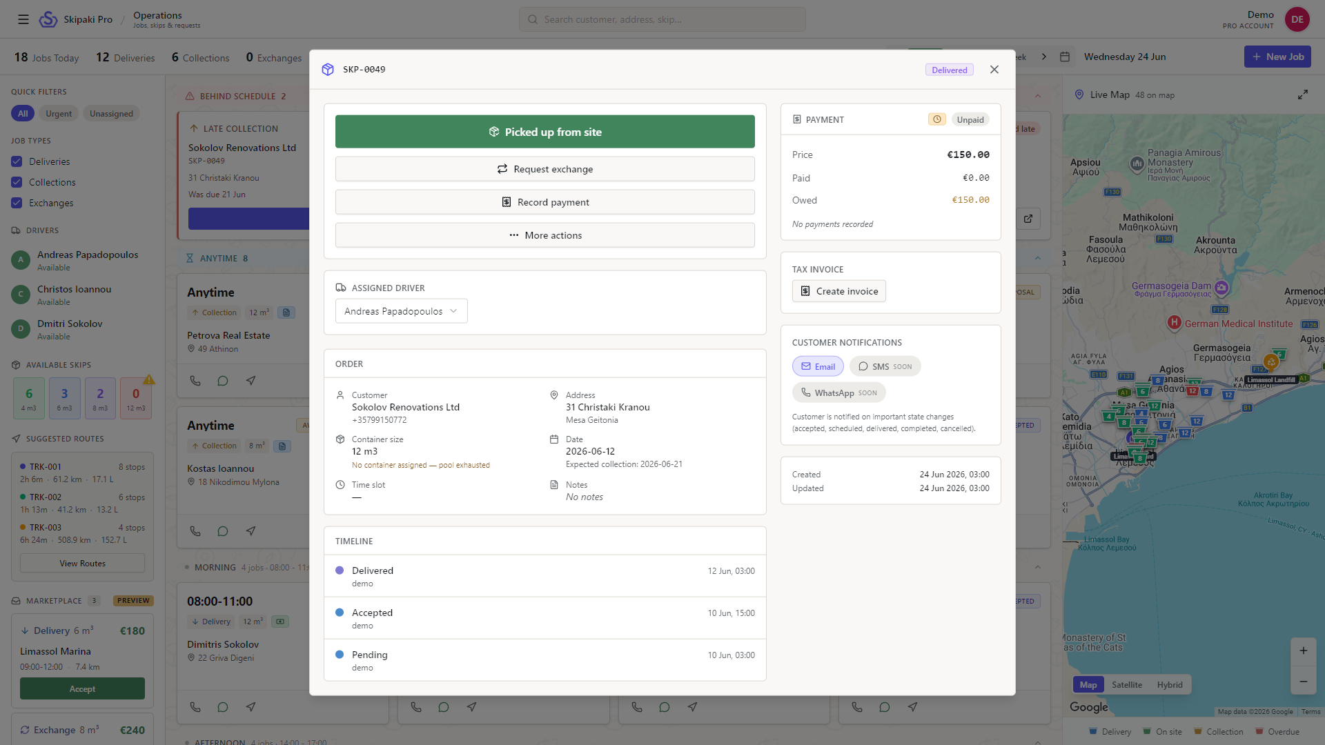 Dashboard with an order detail modal showing payment and timeline