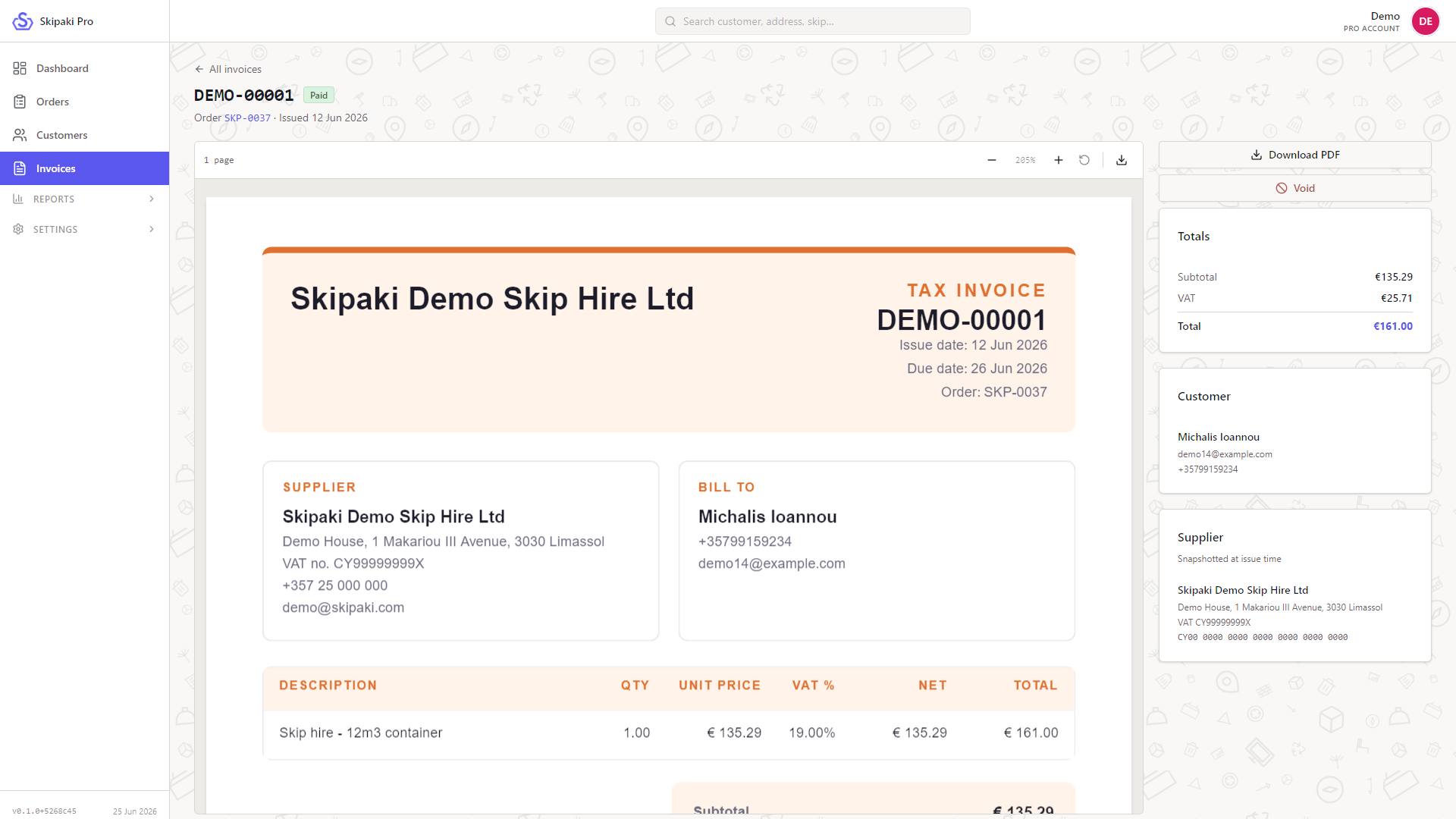 Invoice detail page with a PDF preview