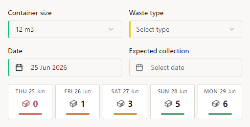 New-order form showing container size selector and a 5-day availability strip with per-day counts