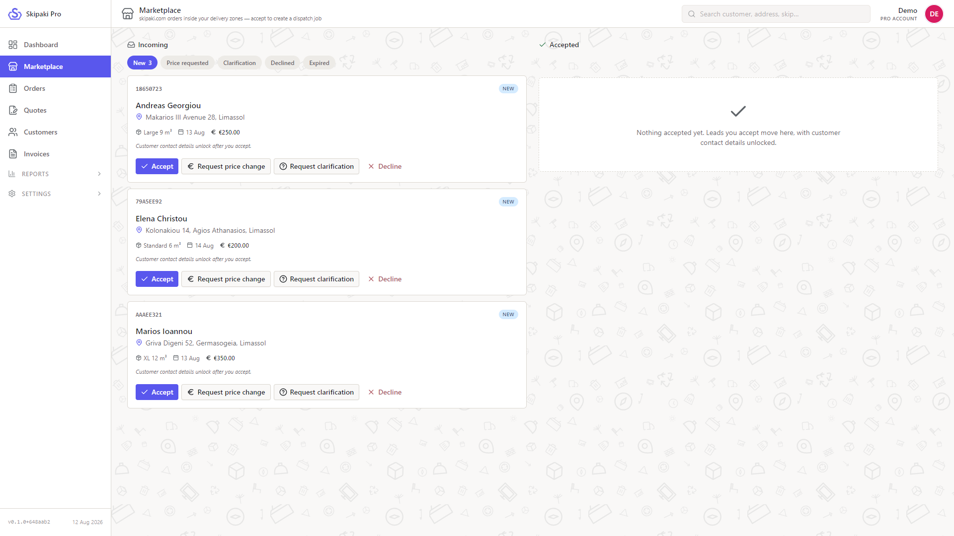 Marketplace page in Skipaki Pro: three incoming skip-hire enquiries in Limassol on the left, an empty Accepted column on the right waiting for the first accepted job