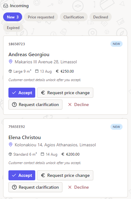 Marketplace lead inbox on mobile: three fresh enquiries in Limassol with size, date and price pre-filled, each with Accept, price-change, clarification and decline actions