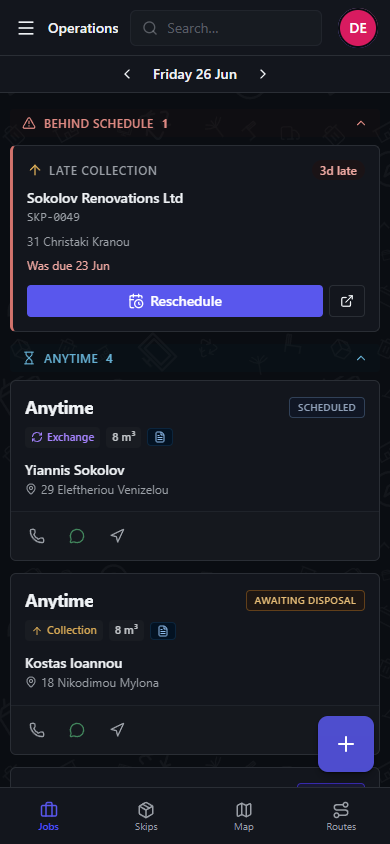 Mobile dashboard with today's jobs