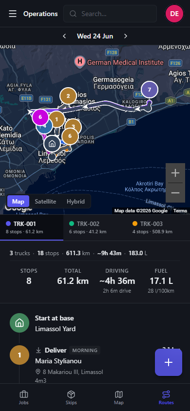Mobile view of three planned truck routes on a map of Limassol