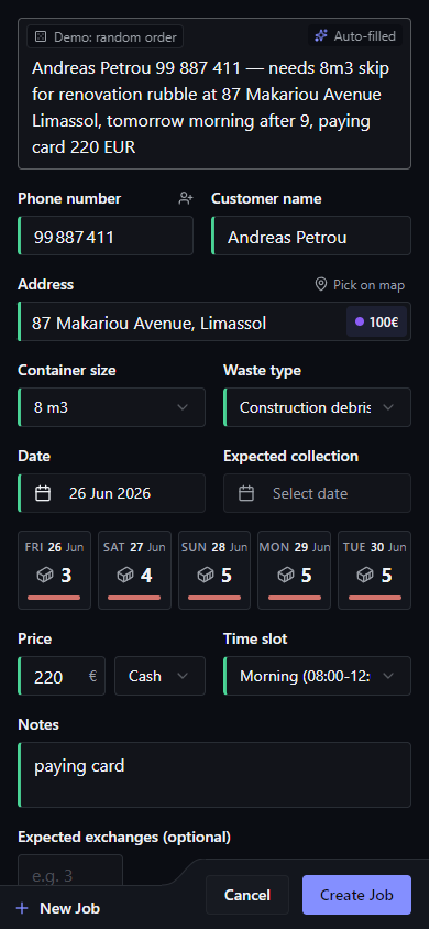 Mobile new-job dialog with AI parsing a Russian sentence