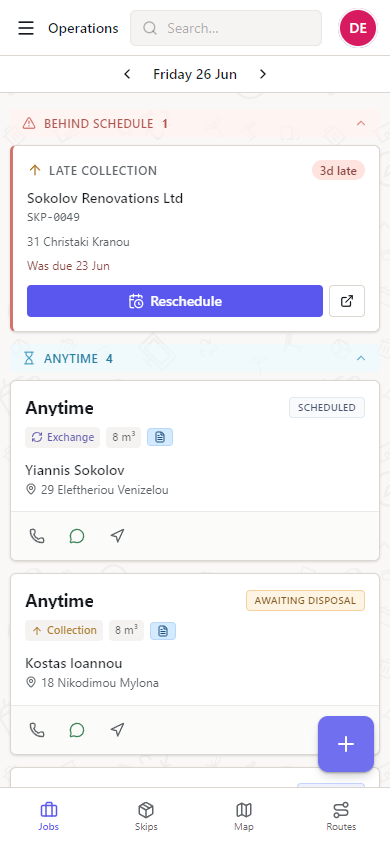 Today's jobs grouped by behind-schedule, anytime, morning, afternoon