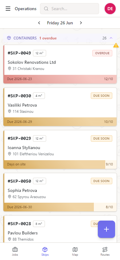 Container inventory with days-in-field and overdue flags