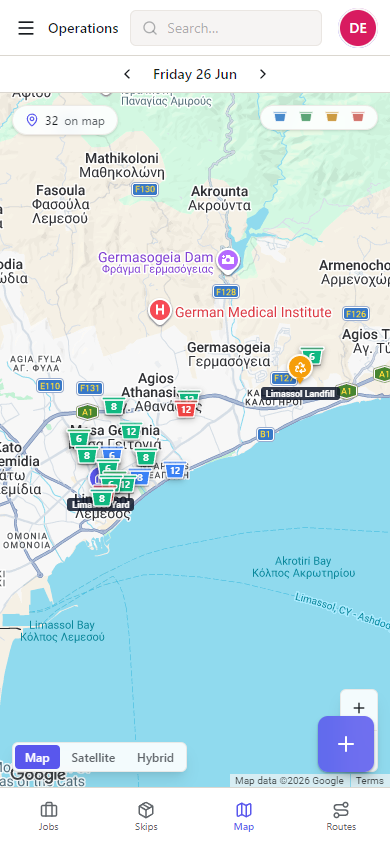 Map view of every planned job, assigned truck and last known container location